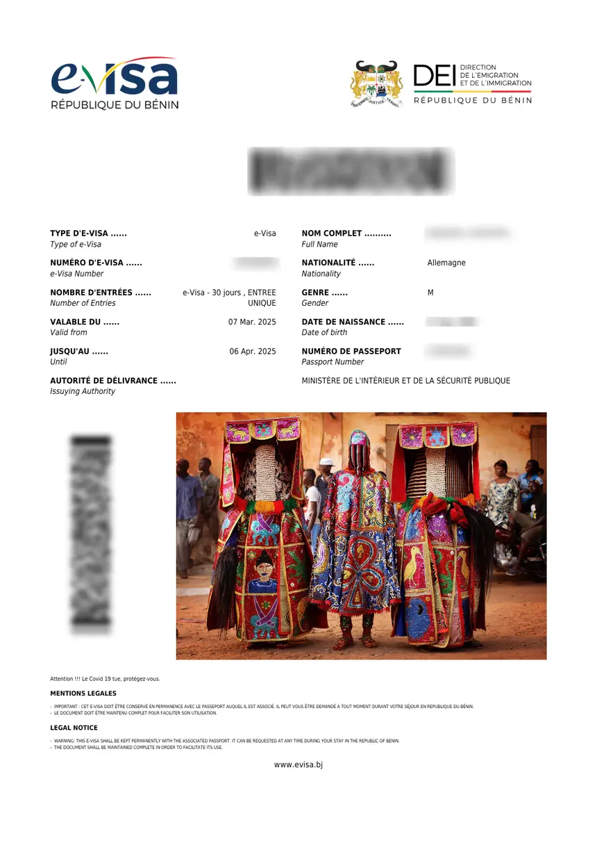 Sample Benin eVisa document issued via evisa.bj