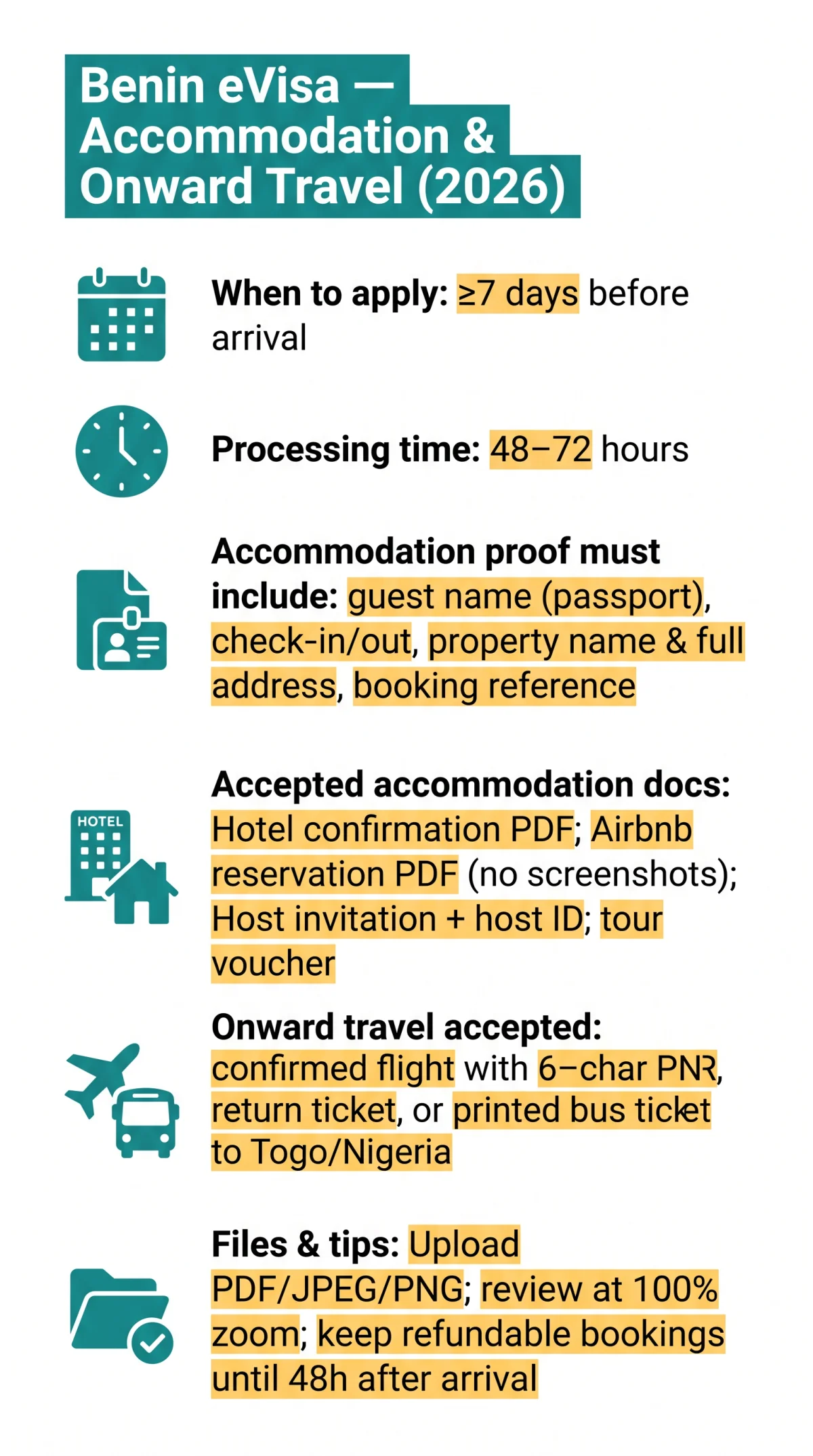 Infografika: How to Provide Valid Proof of Accommodation and Onward Travel for the Benin eVisa (2026 Guide)